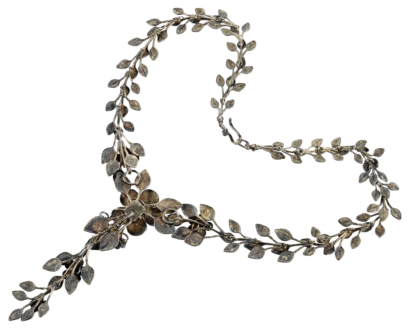 Antique Arts And Crafts Sterling Lavalier Necklace Cannetille Filigree Floral Garland C.1890