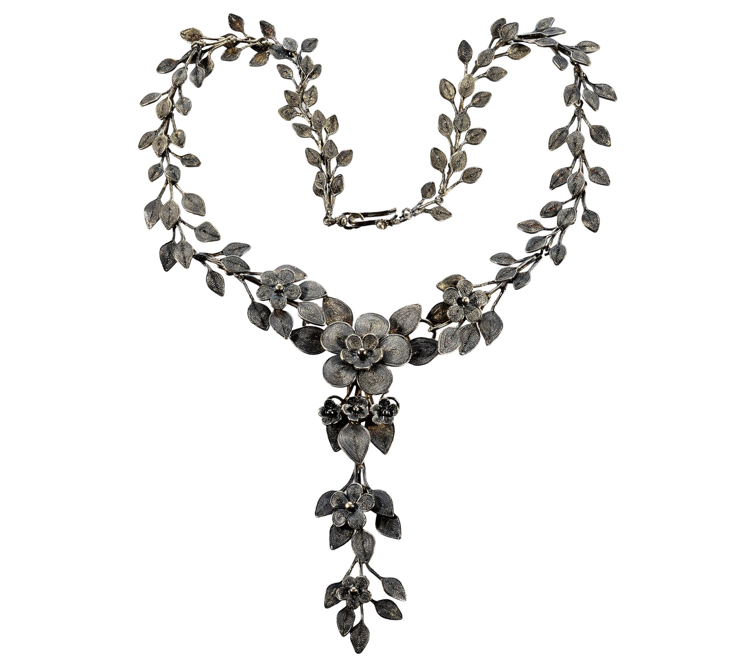 Antique Arts And Crafts Sterling Lavalier Necklace Cannetille Filigree Floral Garland C.1890