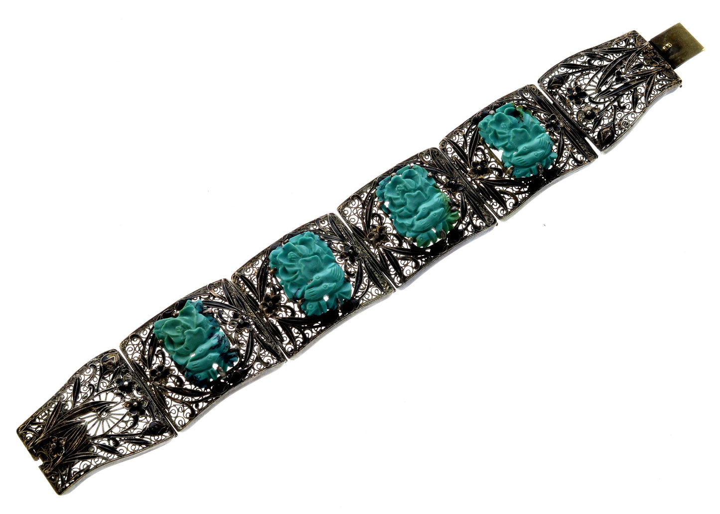 Antique Chinese Carved Turquoise Enamel Silver Bracelet C.1890