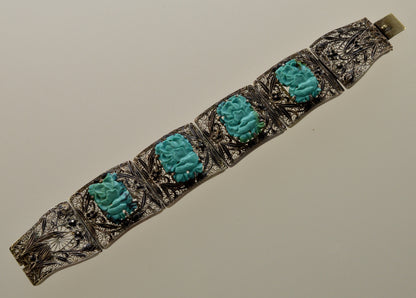 Antique Chinese Carved Turquoise Enamel Silver Bracelet C.1890