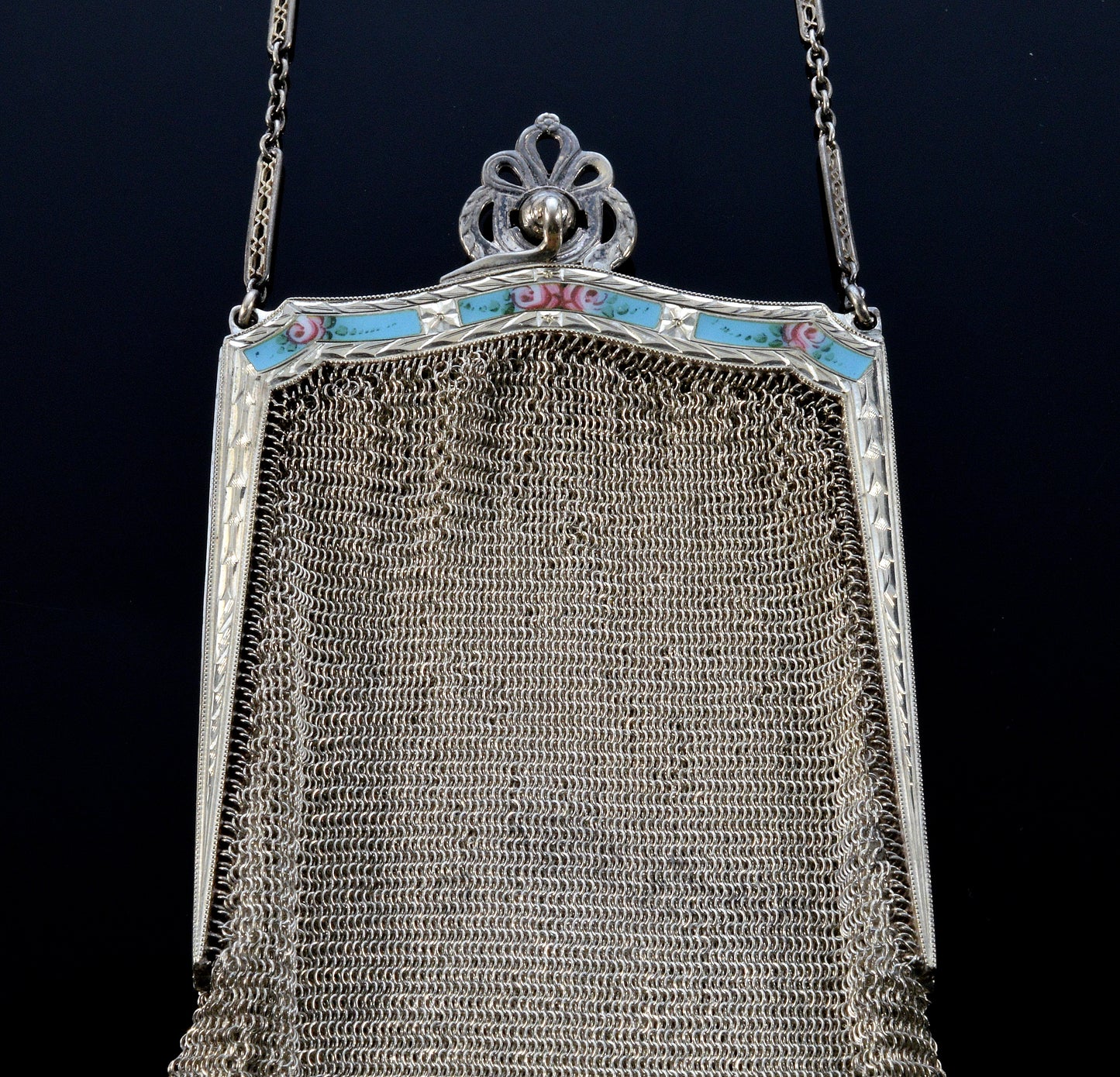 Antique Art Deco Whiting & Davis Sterling Mesh Purse Handbag Enamel Sapphire C.1920