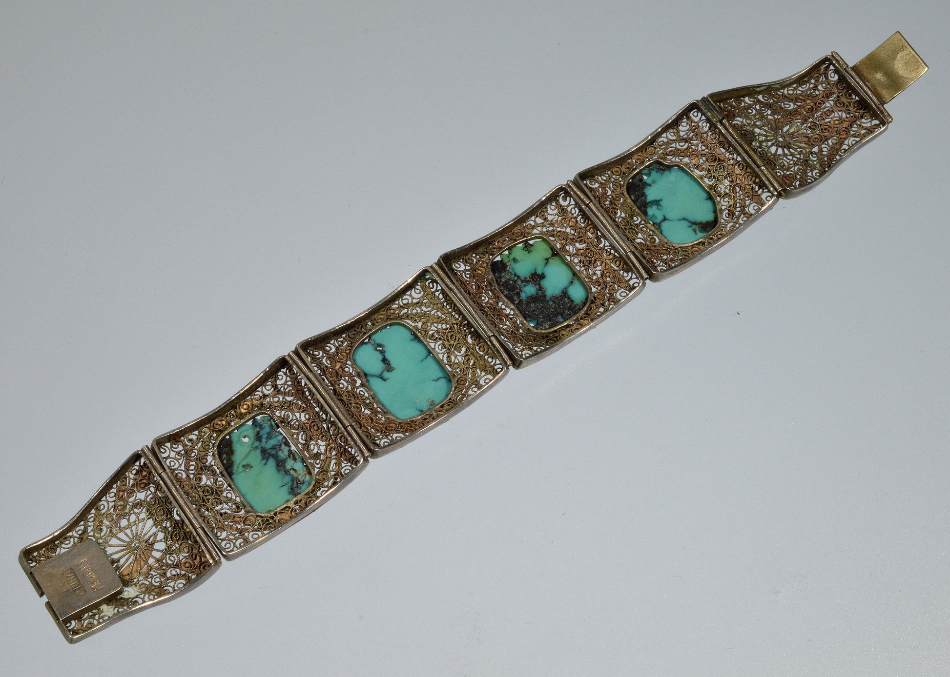 Antique Chinese Carved Turquoise Enamel Silver Bracelet C.1890