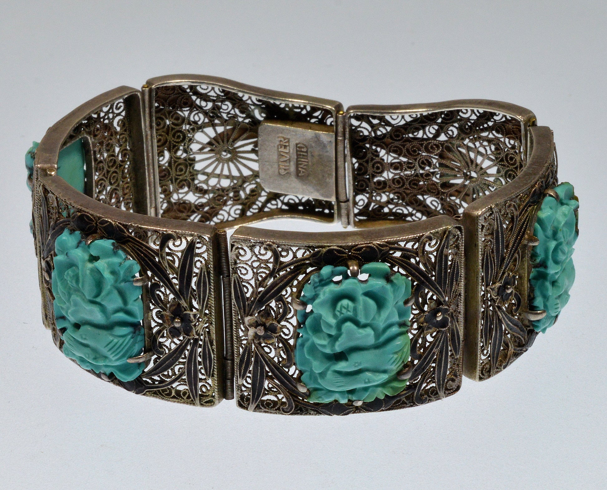 Antique Chinese Carved Turquoise Enamel Silver Bracelet C.1890