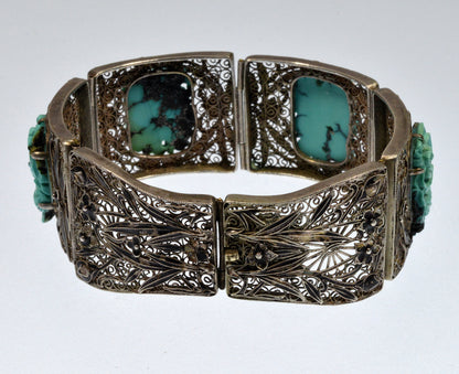 Antique Chinese Carved Turquoise Enamel Silver Bracelet C.1890