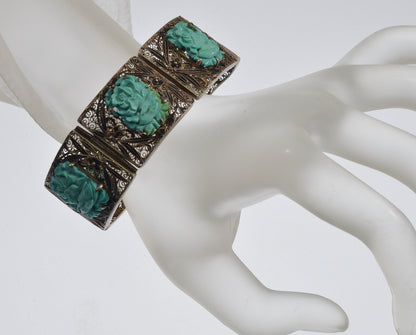 Antique Chinese Carved Turquoise Enamel Silver Bracelet C.1890