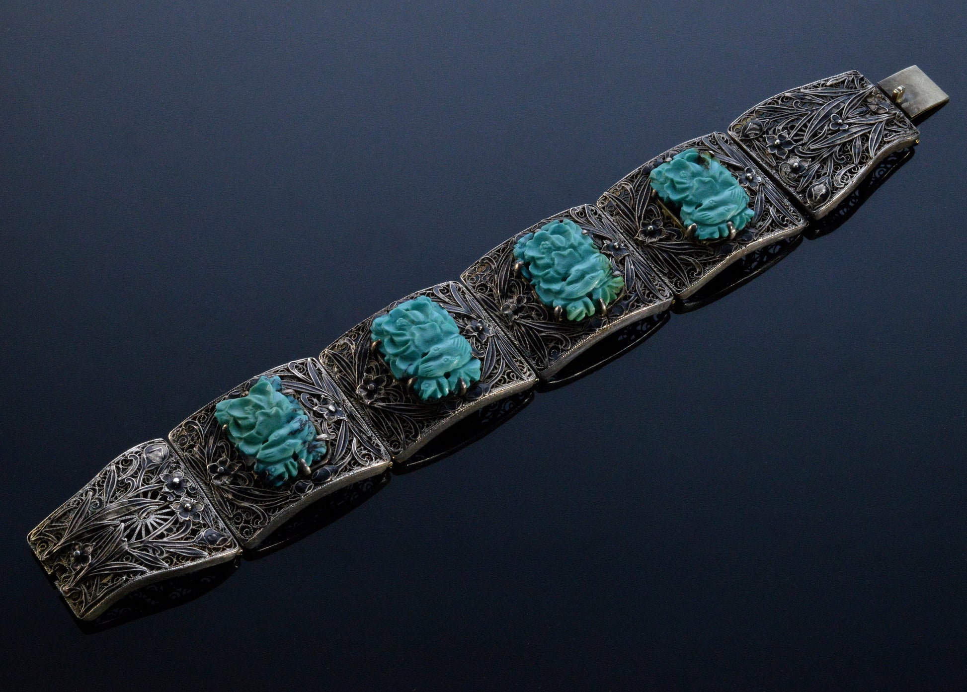 Antique Chinese Carved Turquoise Enamel Silver Bracelet C.1890