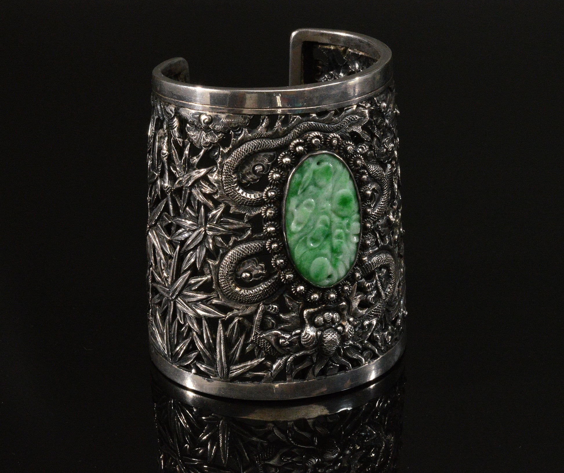 Antique Chinese Jadeite Jade Sterling Dragon Wedding Cuff Bracelet C.1890