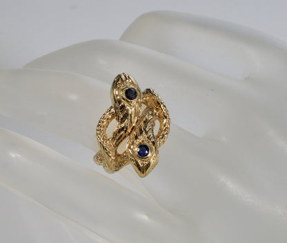 Antique Victorian 14K Gold Sapphire Double Snake Ring C.1880 Size 4
