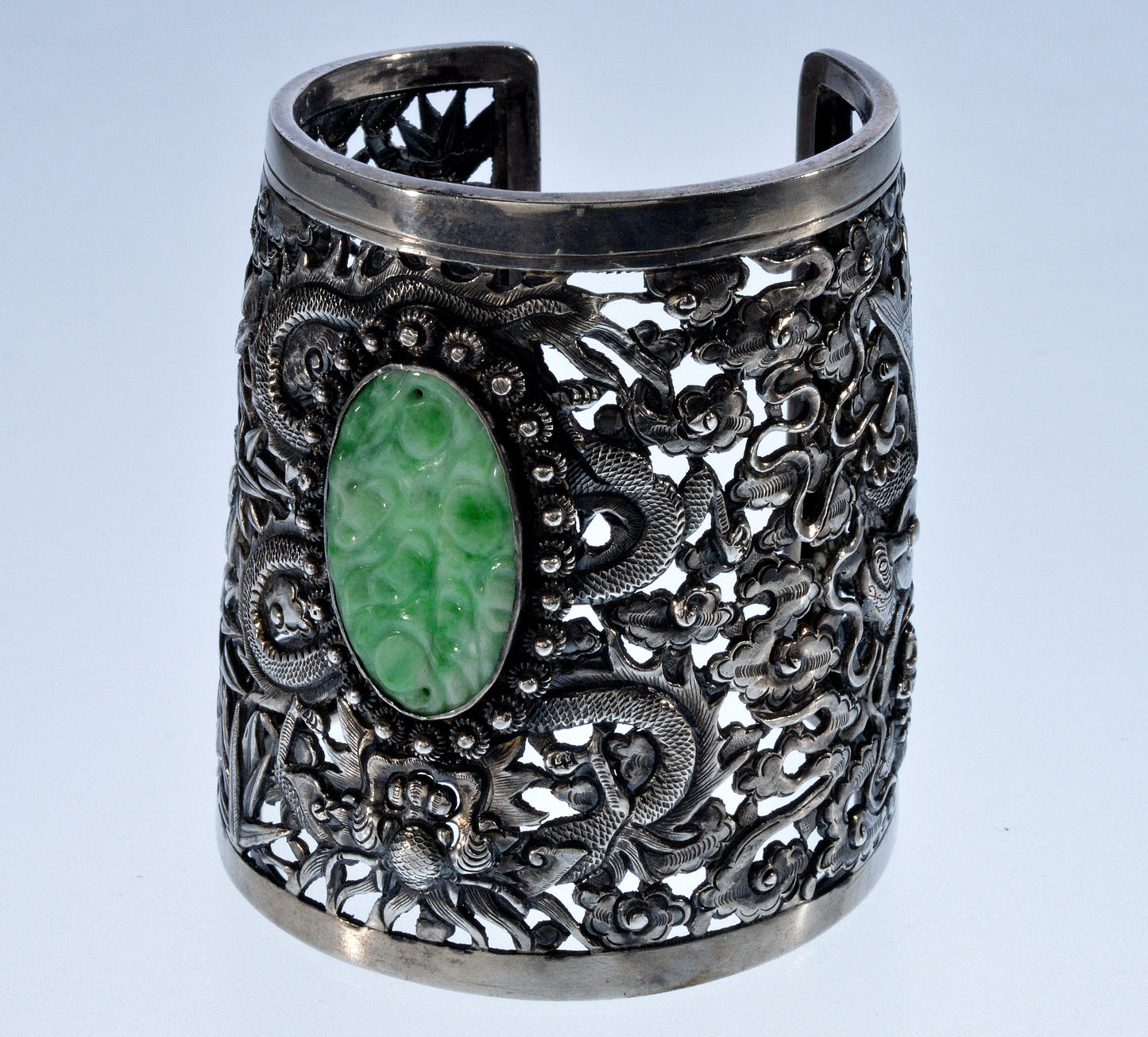 Antique Chinese Jadeite Jade Sterling Dragon Wedding Cuff Bracelet C.1890