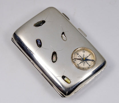 Antique Japan Shibayama Insect Inlay Cigarette Case With Compass Sterling C.1915