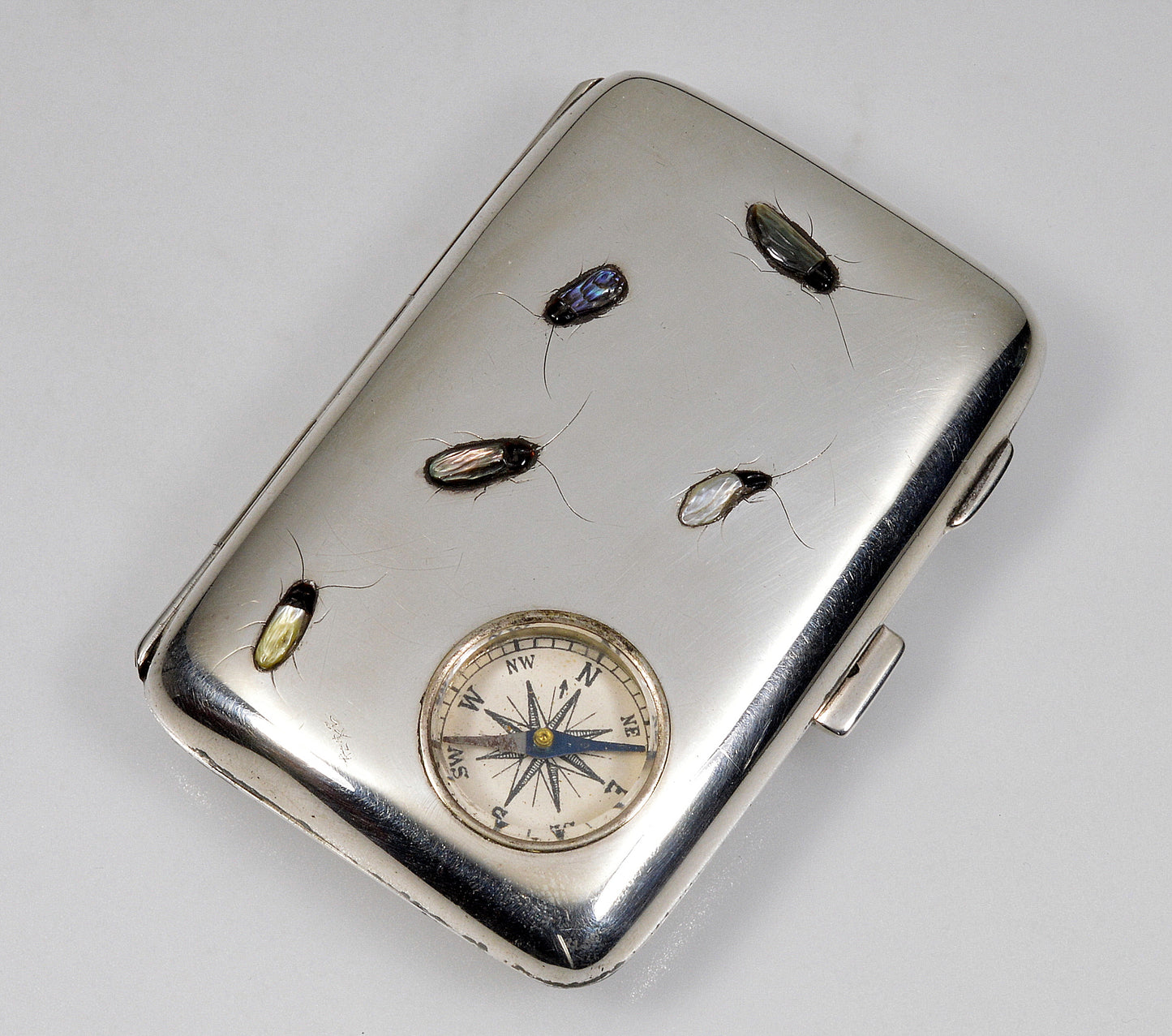 Antique Japan Shibayama Insect Inlay Cigarette Case With Compass Sterling C.1915