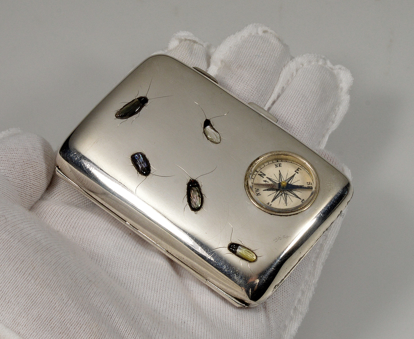 Antique Japan Shibayama Insect Inlay Cigarette Case With Compass Sterling C.1915