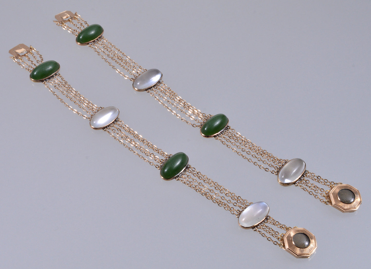 Antique Victorian 14K Gold Moonstone Jade 2 Bracelets Set C.1890