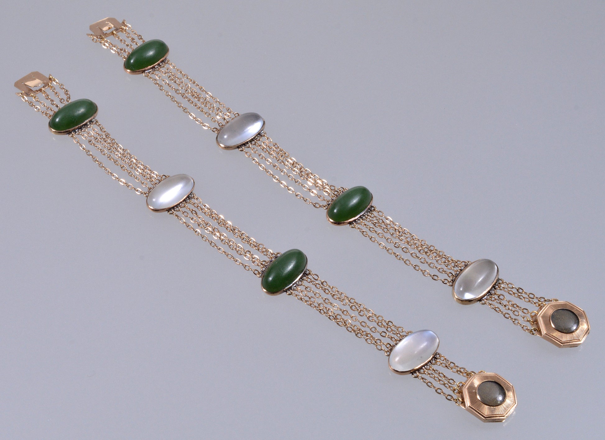 Antique Victorian 14K Gold Moonstone Jade 2 Bracelets Set C.1890