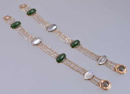 Antique Victorian 14K Gold Moonstone Jade 2 Bracelets Set C.1890