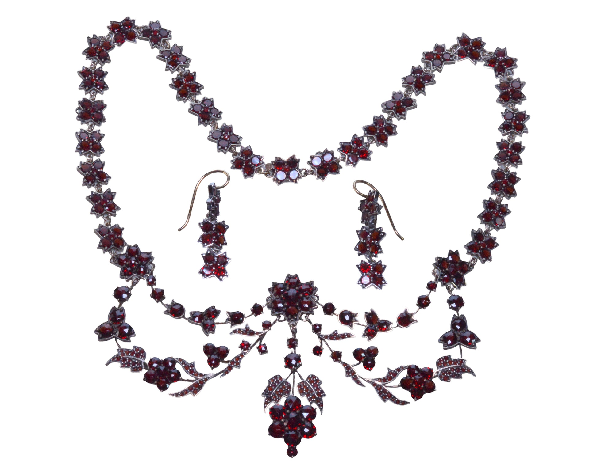 Antique Victorian Bohemian Garnet Necklace Earrings Set C.1890