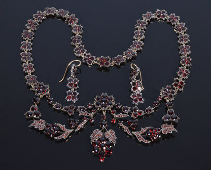 Antique Victorian Bohemian Garnet Necklace Earrings Set C.1890