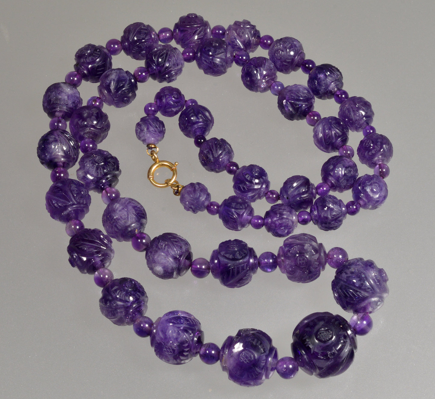 Estate Carved Amethyst Bead Necklace 14K Gold Clasp C.1930