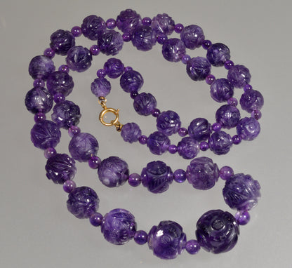 Estate Carved Amethyst Bead Necklace 14K Gold Clasp C.1930