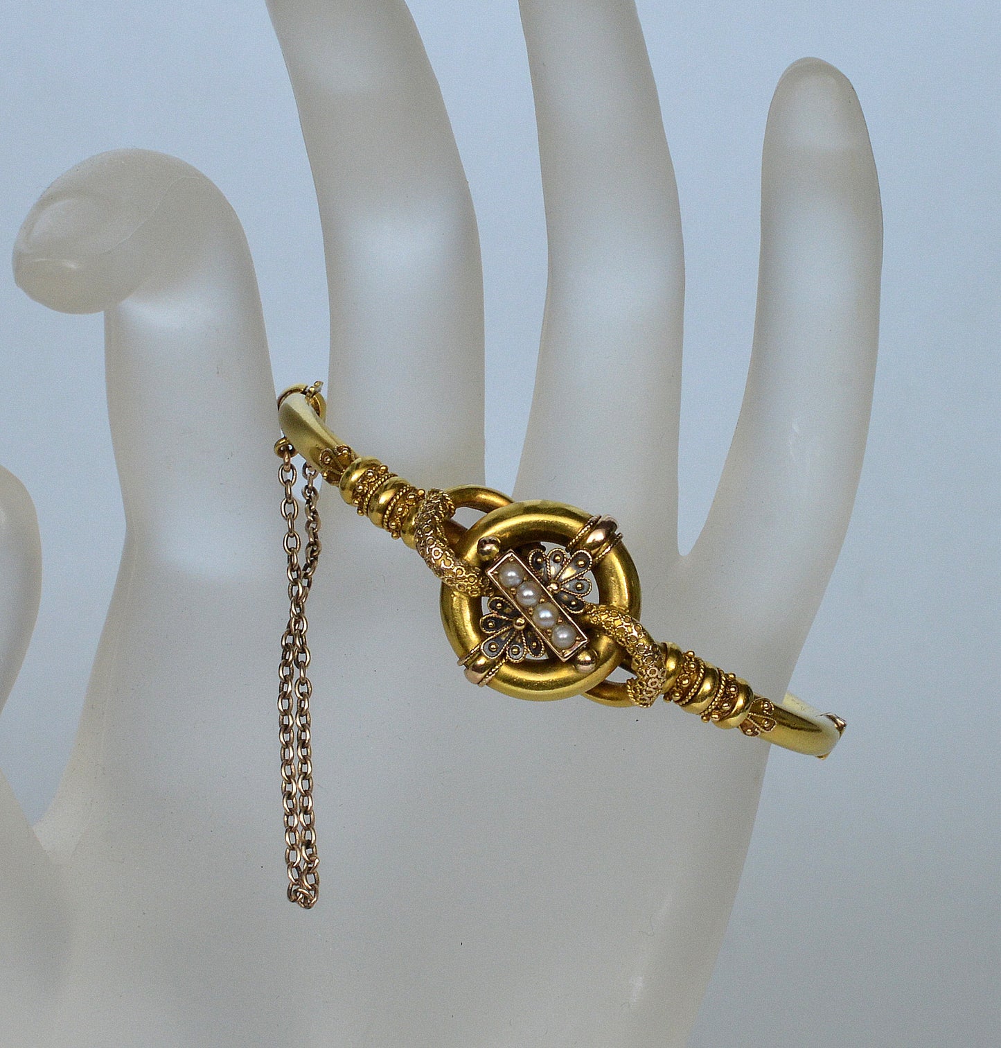 Antique Victorian Etruscan Revival 14K Gold Pearl Bangle Bracelet C.1880