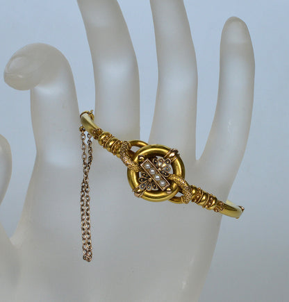 Antique Victorian Etruscan Revival 14K Gold Pearl Bangle Bracelet C.1880