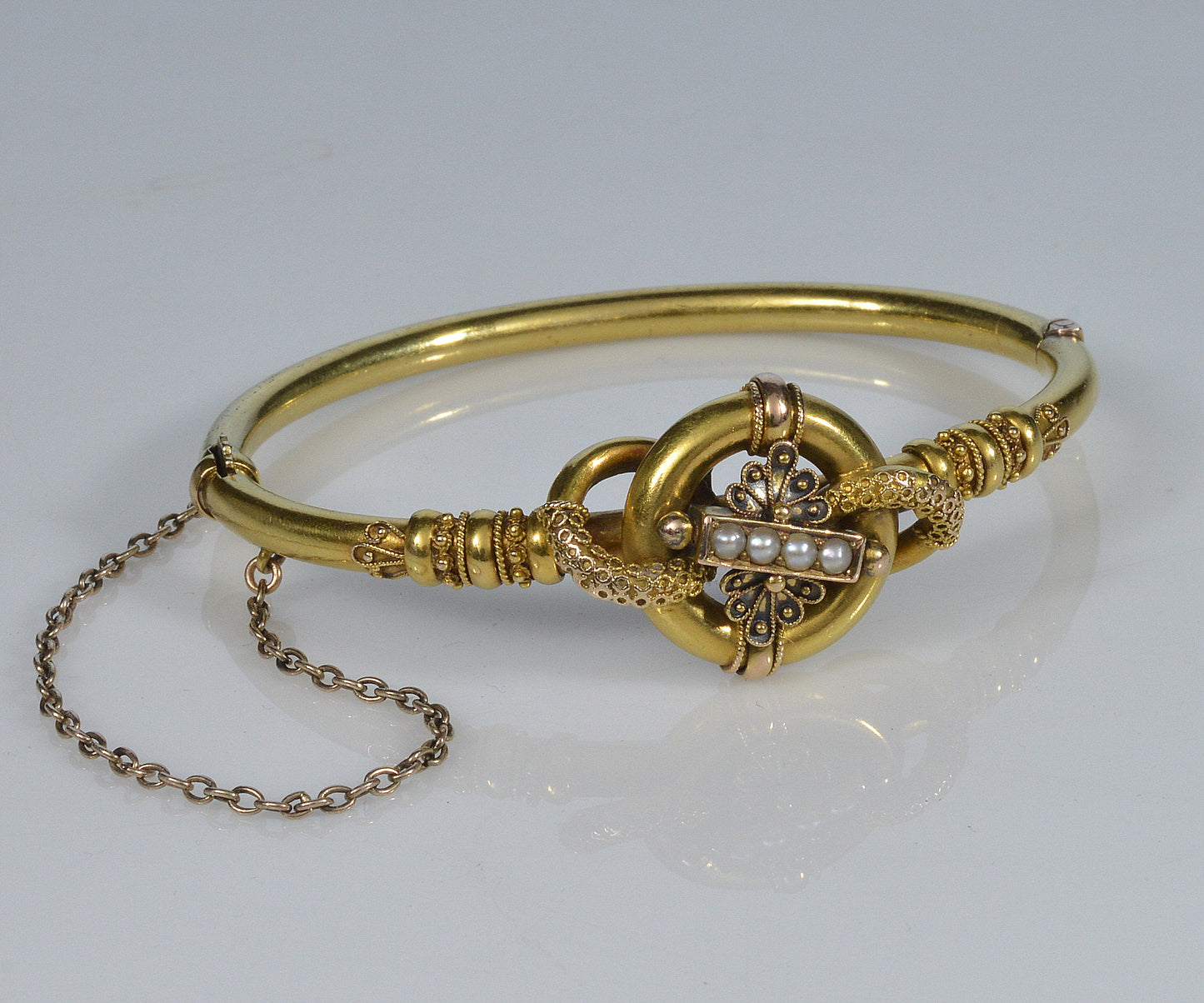 Antique Victorian Etruscan Revival 14K Gold Pearl Bangle Bracelet C.1880