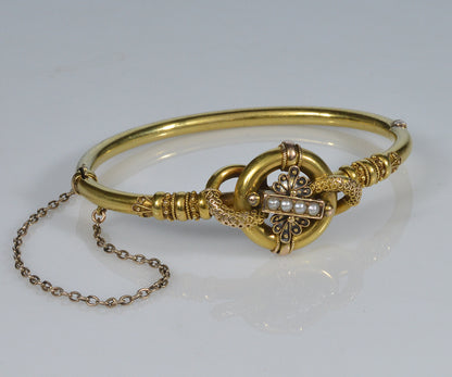 Antique Victorian Etruscan Revival 14K Gold Pearl Bangle Bracelet C.1880