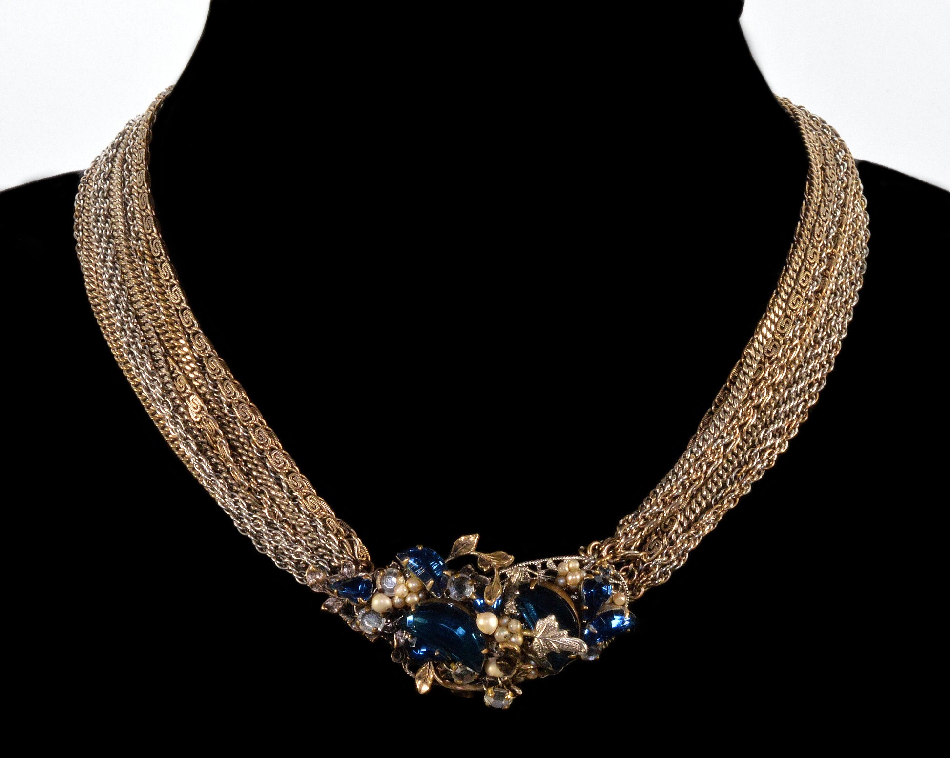 Miriam Haskell By Frank Hess Sapphire Glass Multi Chain Necklace Choker C.1930