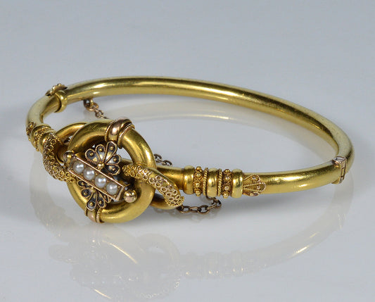 Antique Victorian Etruscan Revival 14K Gold Pearl Bangle Bracelet C.1880