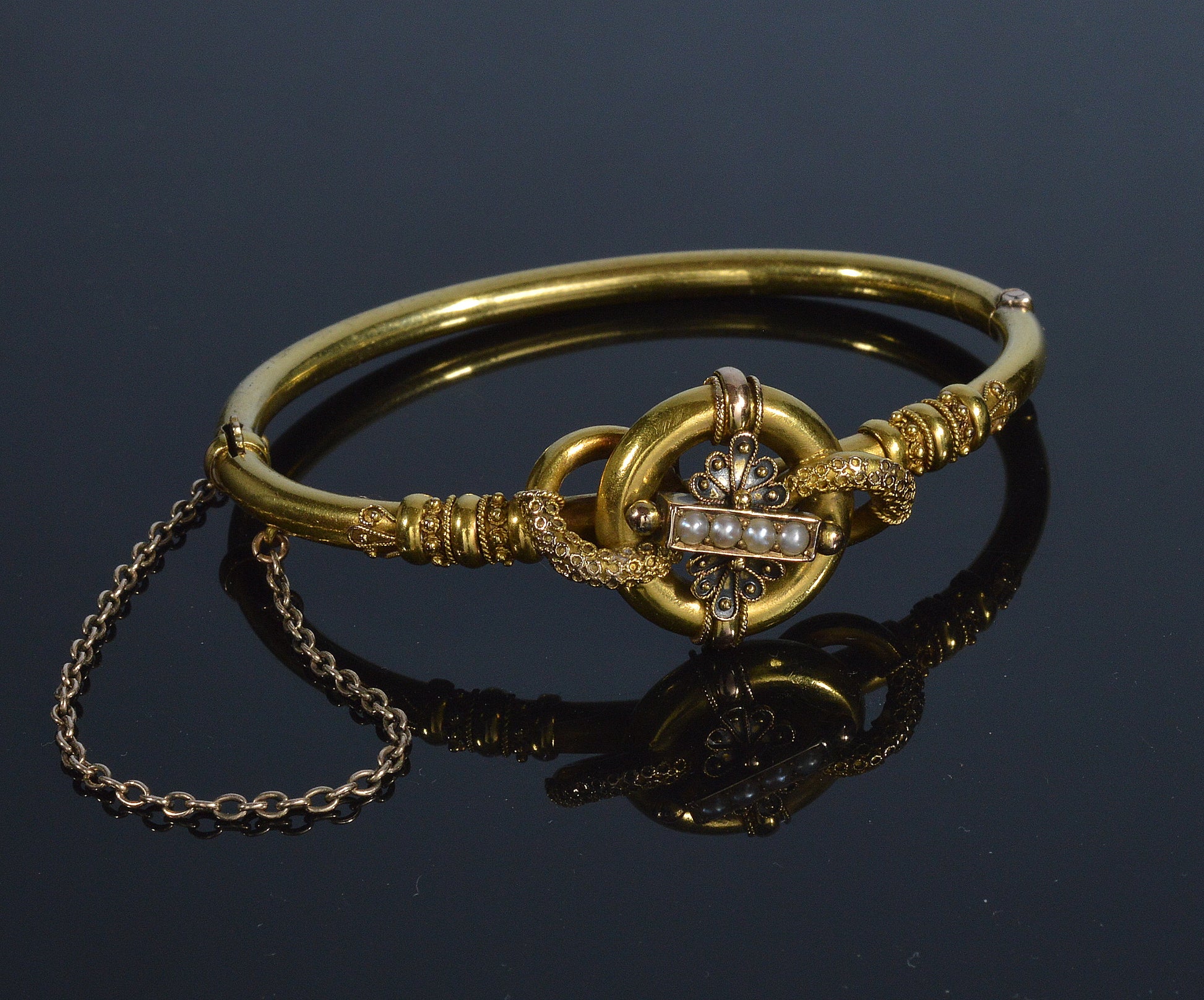 Antique Victorian Etruscan Revival 14K Gold Pearl Bangle Bracelet C.1880