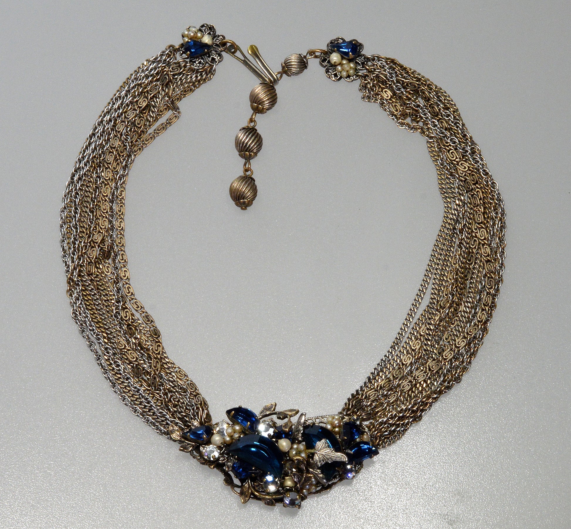 Miriam Haskell By Frank Hess Sapphire Glass Multi Chain Necklace Choker C.1930