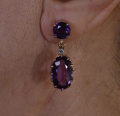 Antique Edwardian 14K Gold Amethyst Diamond Dangle Earrings C.1900