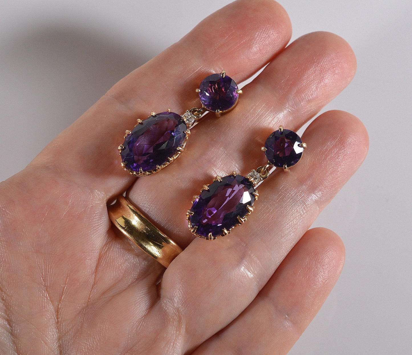 Antique Edwardian 14K Gold Amethyst Diamond Dangle Earrings C.1900