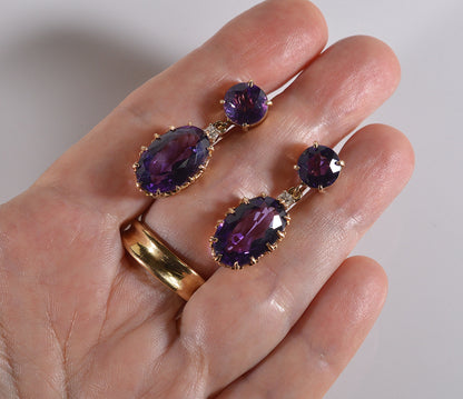Antique Edwardian 14K Gold Amethyst Diamond Dangle Earrings C.1900
