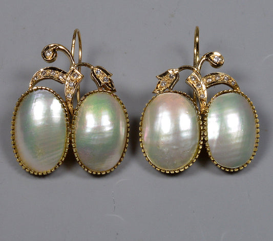 14K Gold Diamond Mabe Pearl Earrings By Designer C.1960