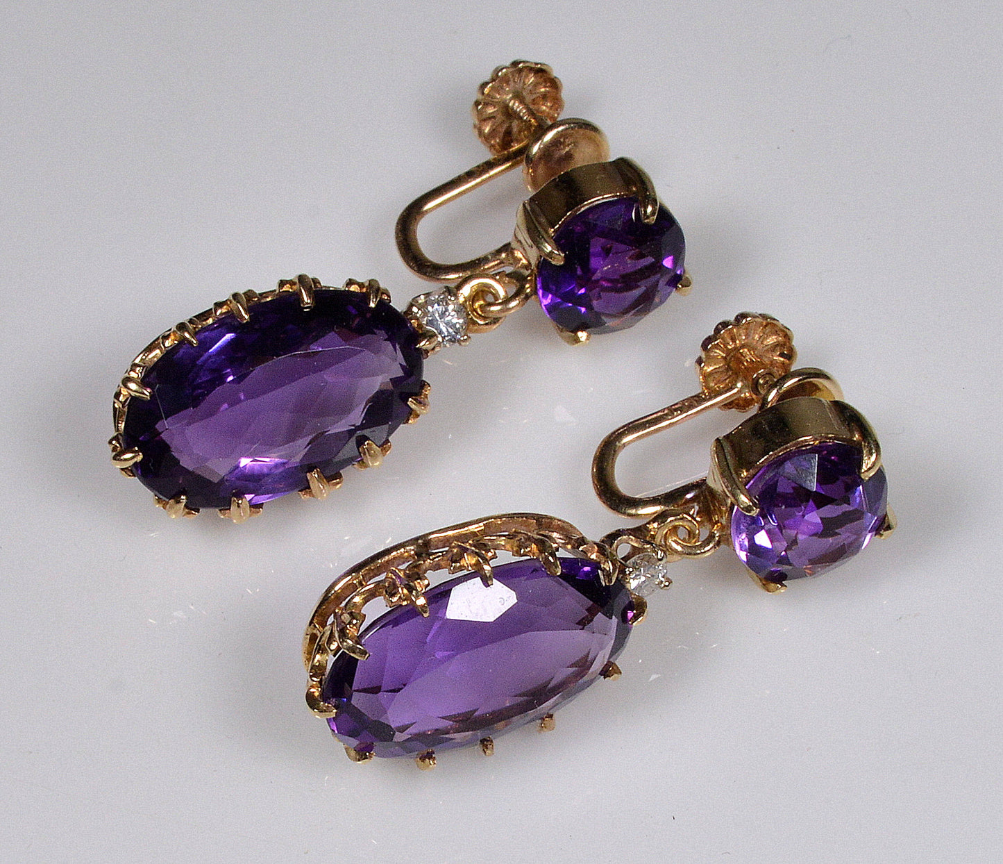 Antique Edwardian 14K Gold Amethyst Diamond Dangle Earrings C.1900