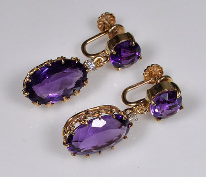 Antique Edwardian 14K Gold Amethyst Diamond Dangle Earrings C.1900