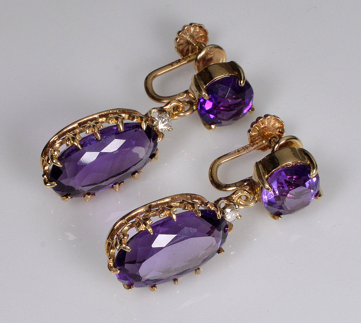 Antique Edwardian 14K Gold Amethyst Diamond Dangle Earrings C.1900