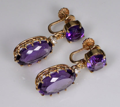 Antique Edwardian 14K Gold Amethyst Diamond Dangle Earrings C.1900