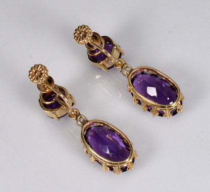 Antique Edwardian 14K Gold Amethyst Diamond Dangle Earrings C.1900