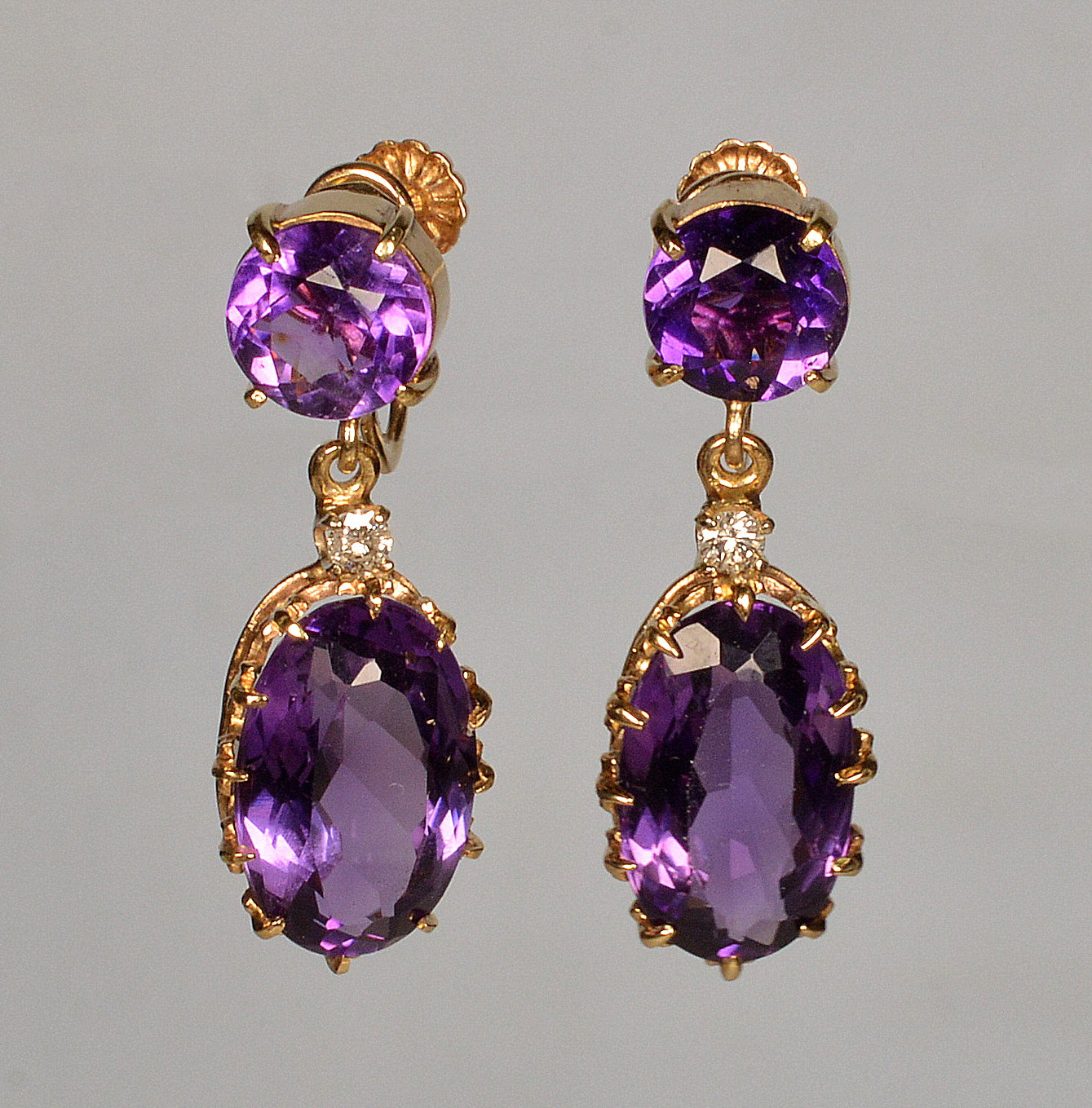 Antique Edwardian 14K Gold Amethyst Diamond Dangle Earrings C.1900