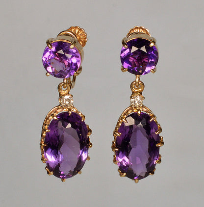 Antique Edwardian 14K Gold Amethyst Diamond Dangle Earrings C.1900