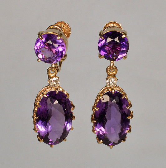 Antique Edwardian 14K Gold Amethyst Diamond Dangle Earrings C.1900