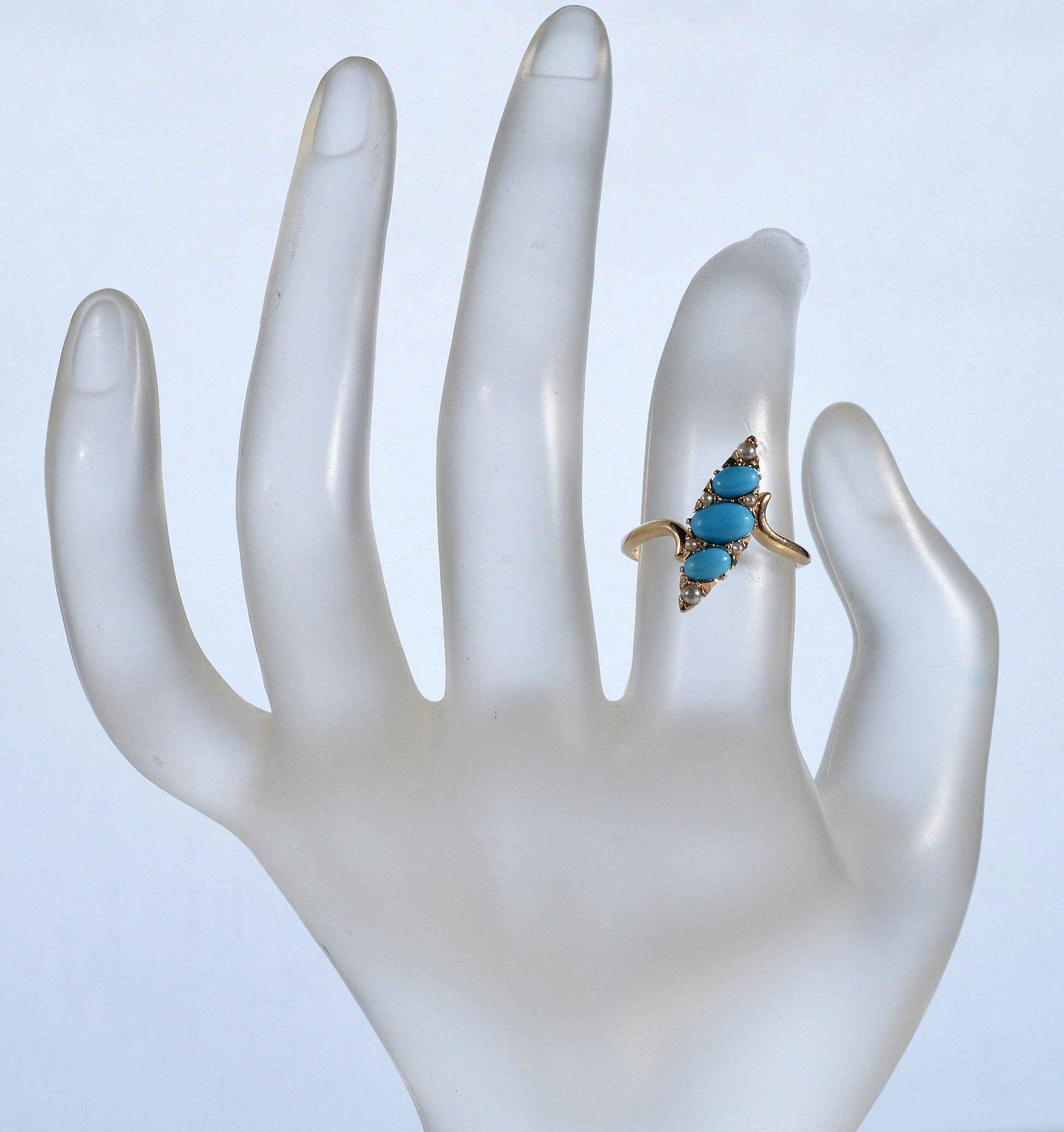 Antique Victorian 14K Gold Turquoise Pearl Ring Size 5 1/2 C.1890
