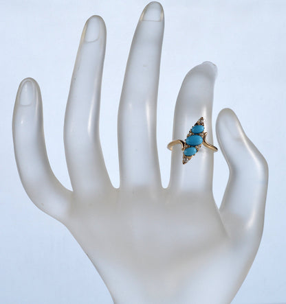 Antique Victorian 14K Gold Turquoise Pearl Ring Size 5 1/2 C.1890