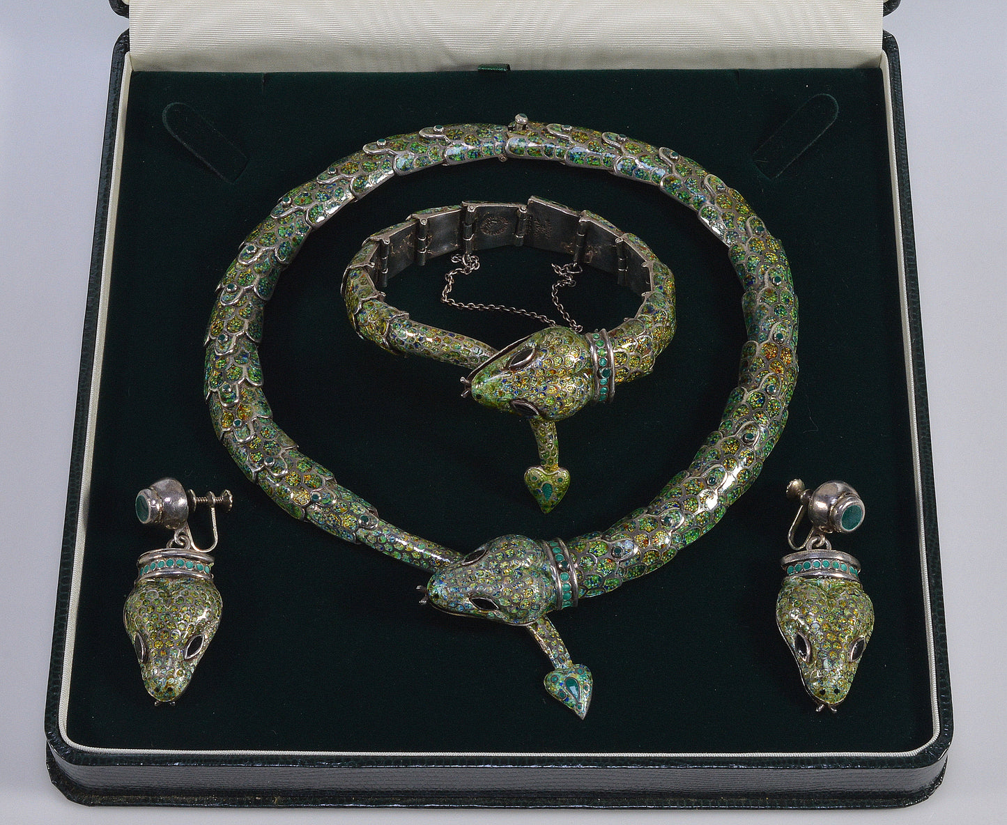 Margot de Taxco Enamel Sterling Snake Suite Necklace Bracelet Earrings