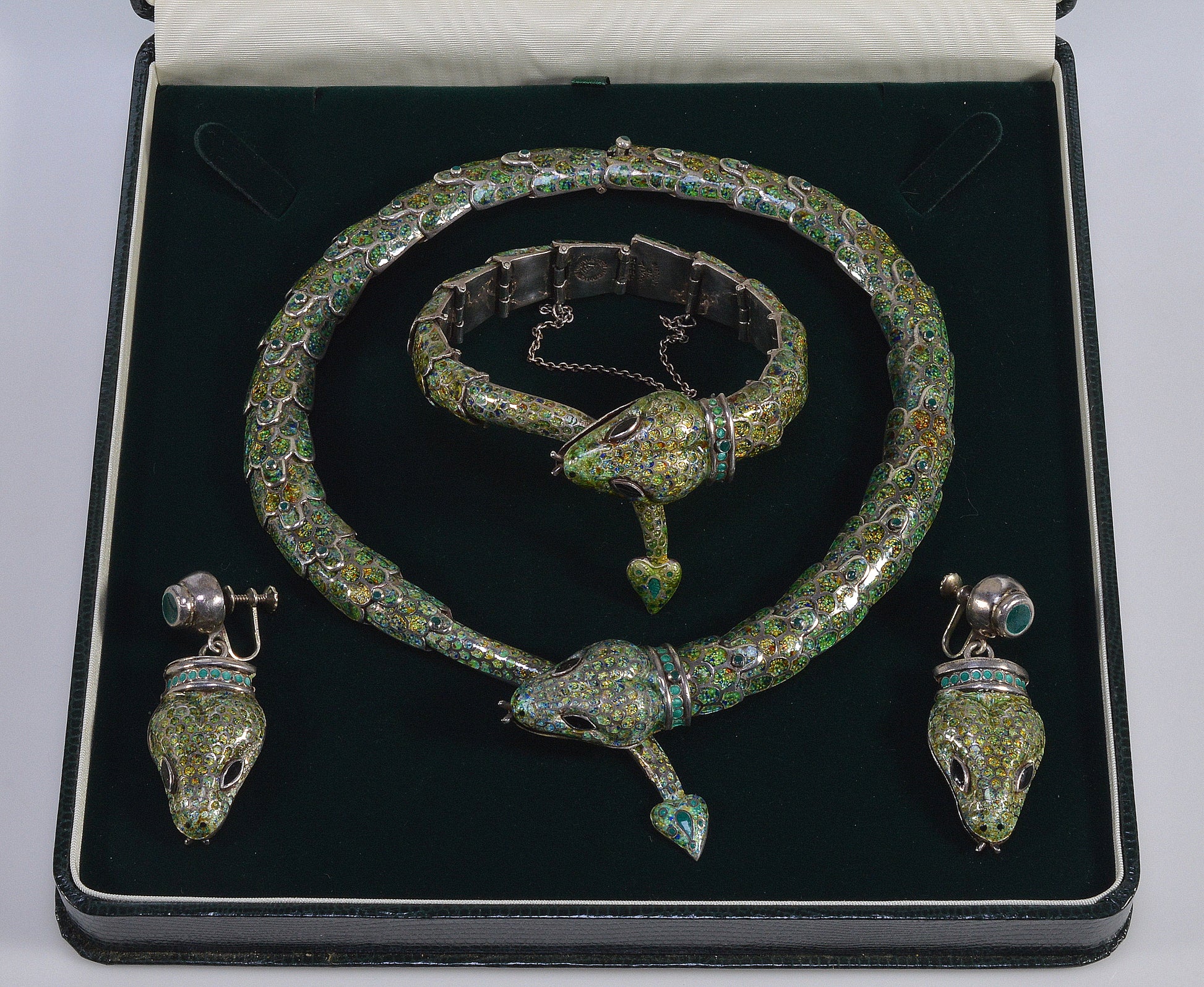 Margot de Taxco Enamel Sterling Snake Suite Necklace Bracelet Earrings
