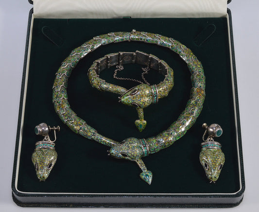 Margot de Taxco Enamel Sterling Snake Suite Necklace Bracelet Earrings