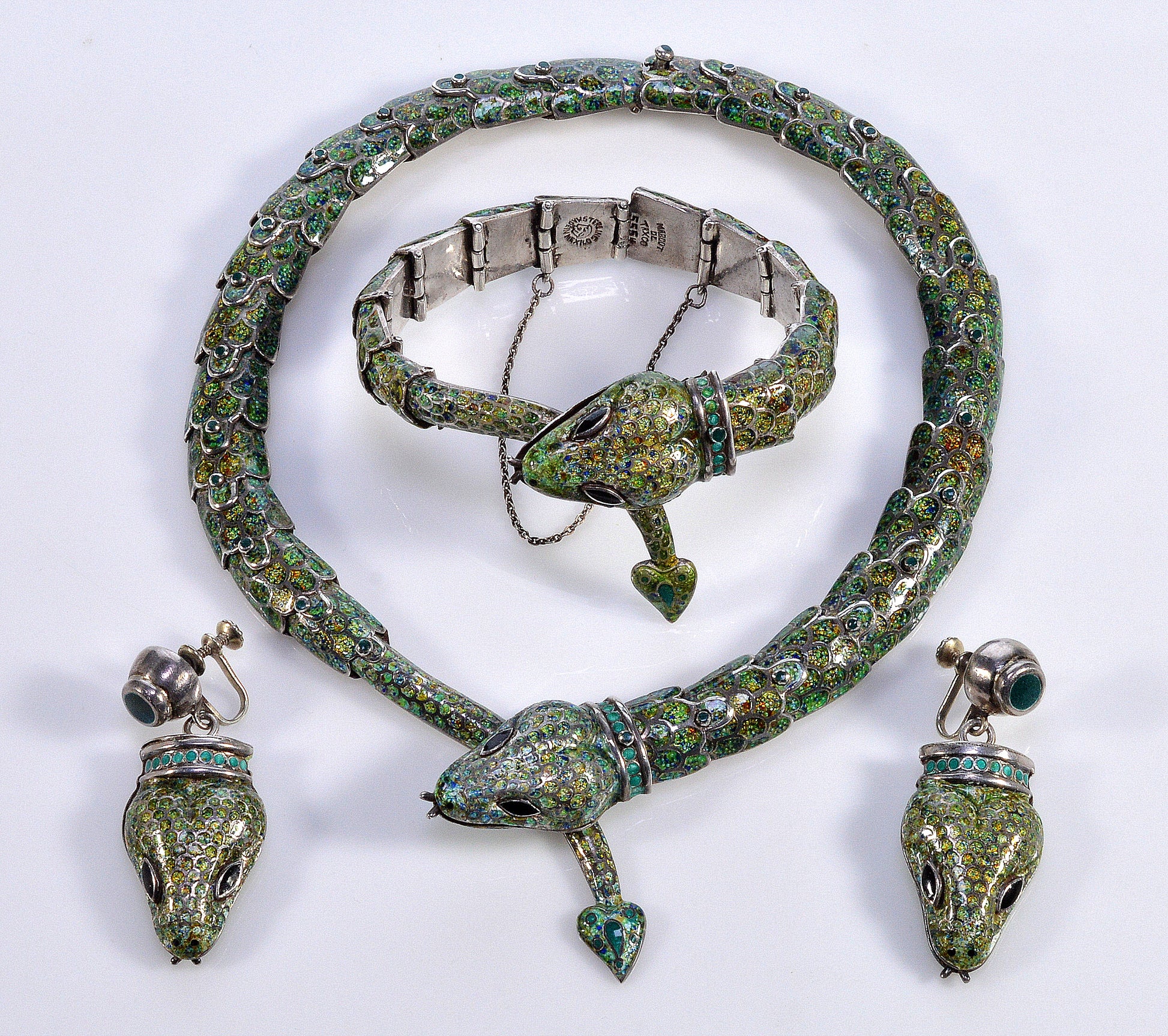 Margot de Taxco Enamel Sterling Snake Suite Necklace Bracelet Earrings