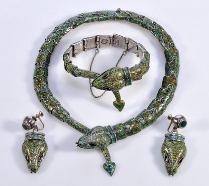 Margot de Taxco Enamel Sterling Snake Suite Necklace Bracelet Earrings